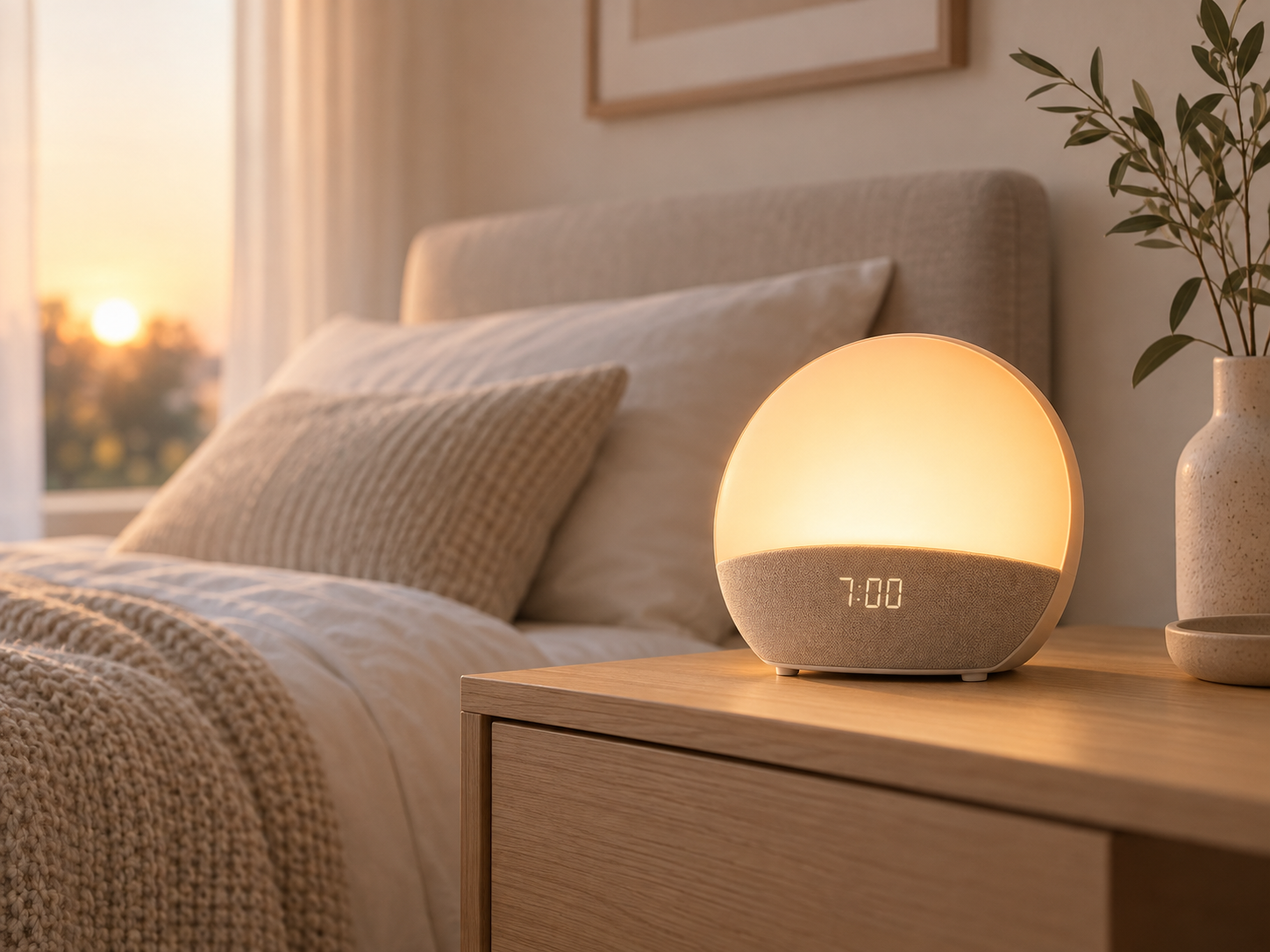 Averoxe sunrise wake-up light on a bedside table in a warm morning bedroom